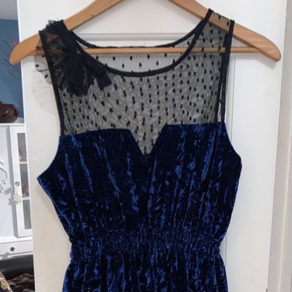 Crushed Blue Velvet cinched-waist mini dress with lace neckline & decal! - Picture 1 of 13